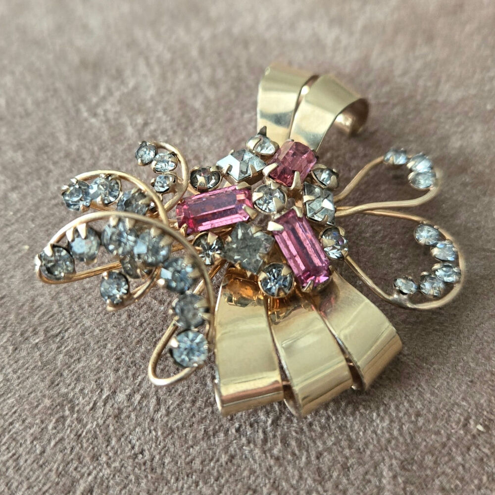 Vintage signed M&S 12K Gold filled Pink and White Rhinestone Brooch or Pendant - Picture 3 of 8